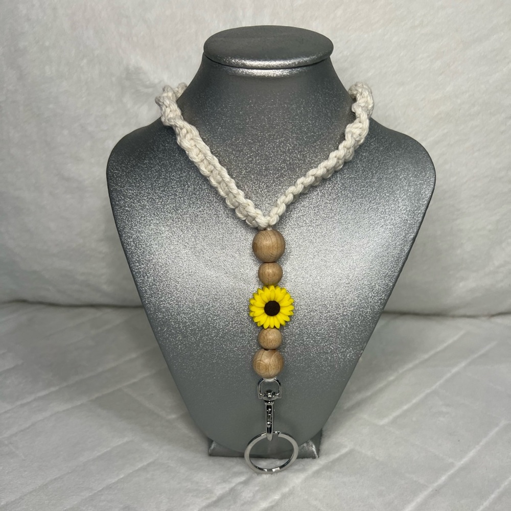NWOT HANDWOVEN COTTON LANYARD WOOD BEADS AND YELLOW FLOWER ACCENTS